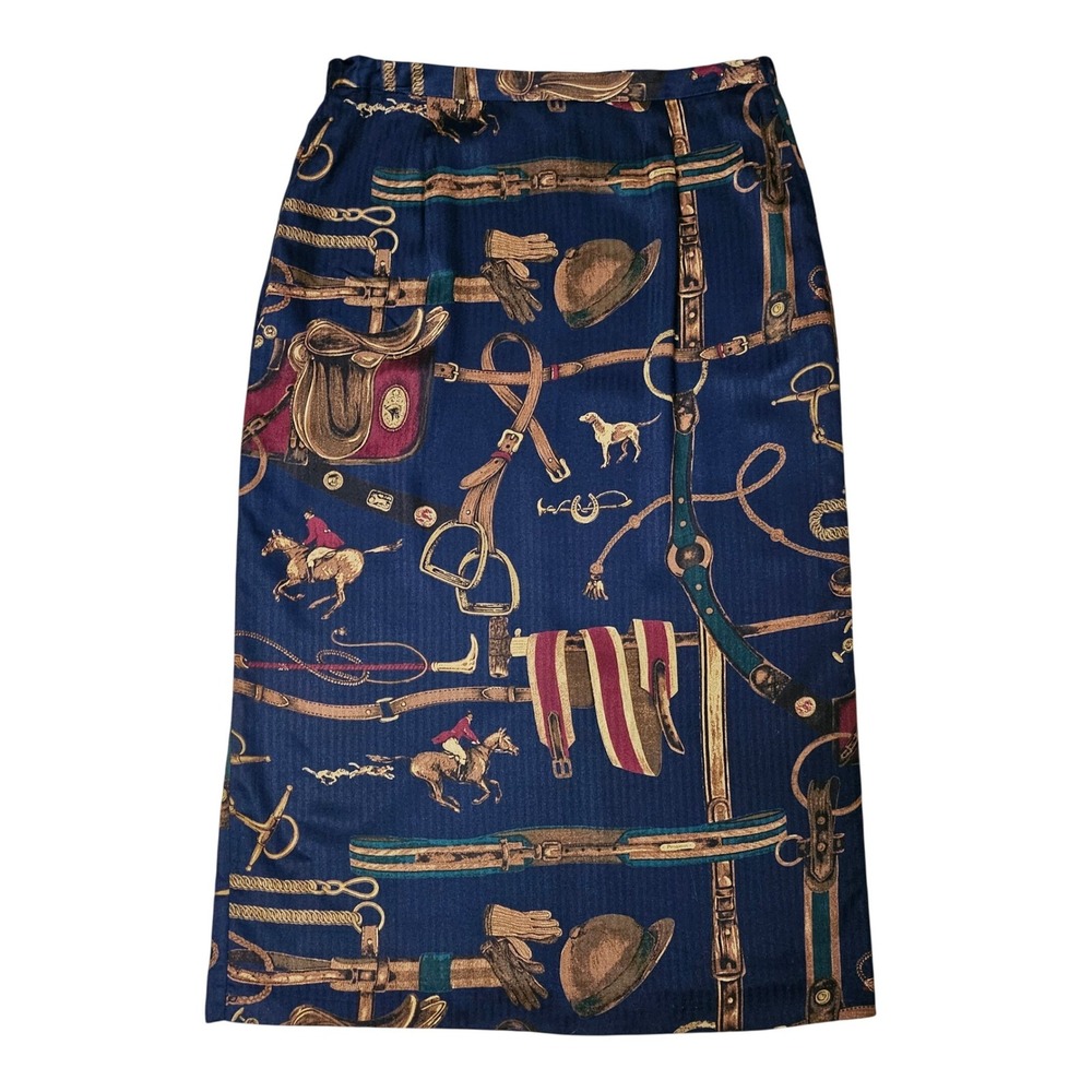 Vintage 90s Pendleton Navy Equestrian Horse & Dog Print Maxi Skirt Sz 12 Western